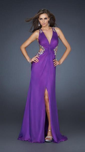 La Femme - Bejeweled V-Neck Chiffon A-line Gown 16288SC - 1 pc Electric Purple/Gold In Size 2 Available CCSALE 2 / Electric Purple/Gold