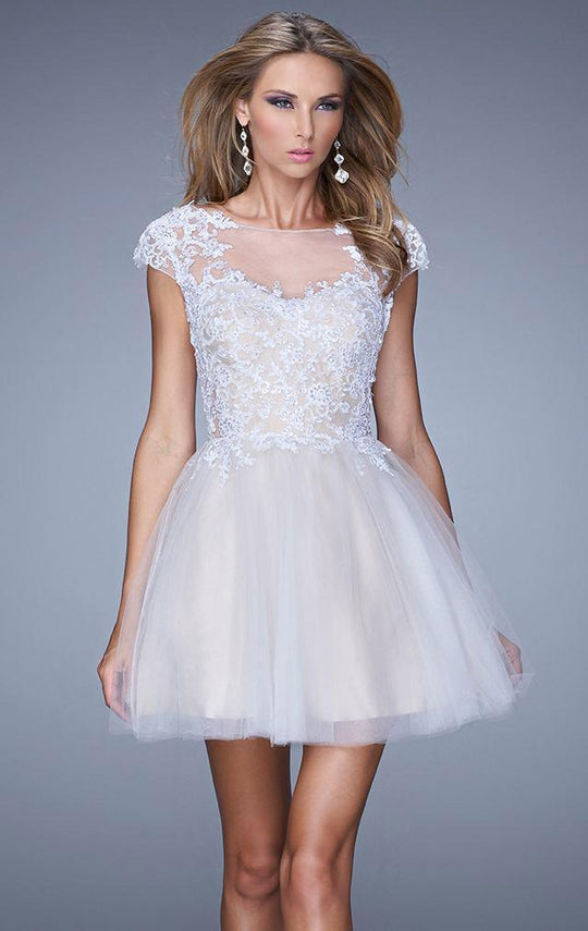 La Femme - Cap Sleeve Appliqued Illusion Bateau A-line Dress 20781SC