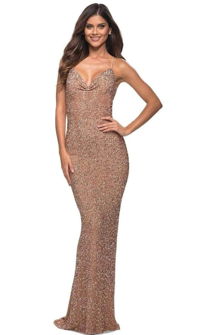 La Femme - Cowl Neck Strappy Back Prom Gown 29949SC - 1 pc Rose Gold In Size 6 Available CCSALE 6 / Rose Gold