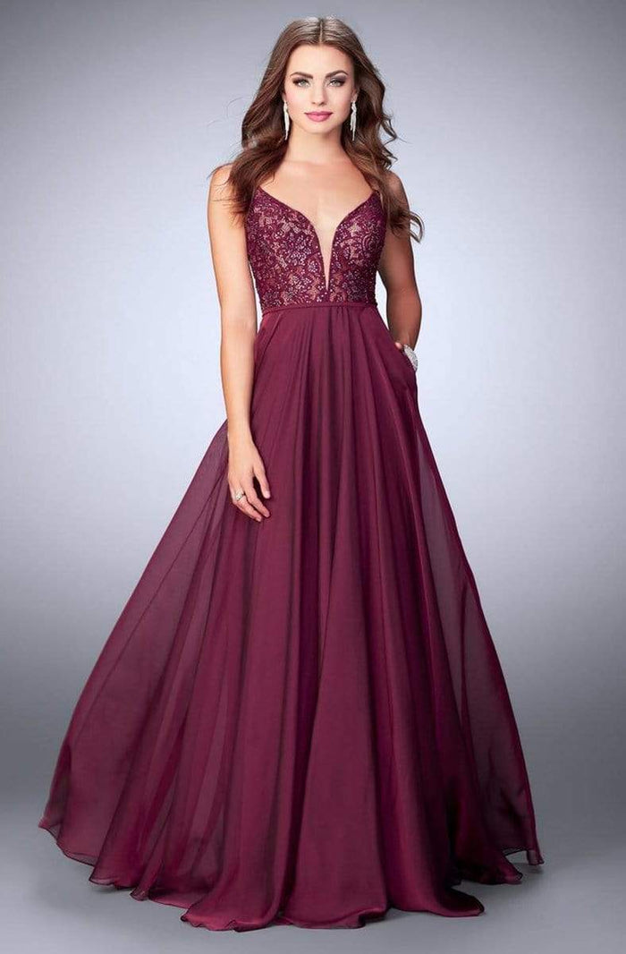 La Femme - Deep Sweetheart Long Lace Evening Gown 23964SC - 1 pc Garnet In Size 4 Available CCSALE 4 / Garnet