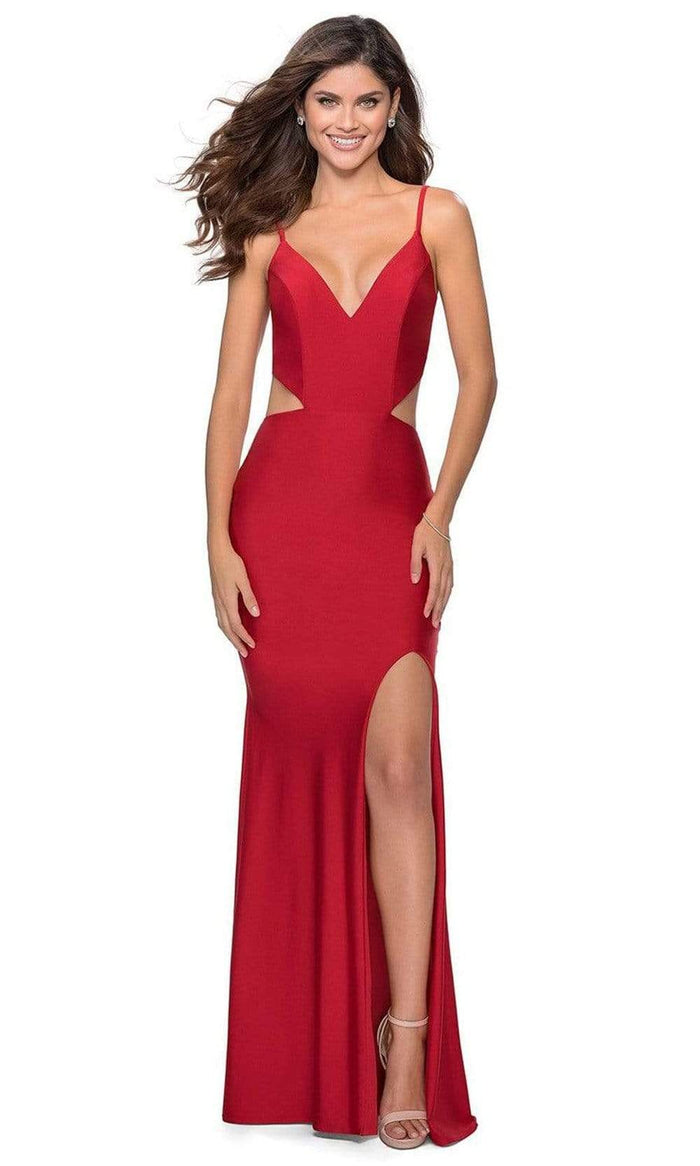 La Femme - Deep V-neck Jersey Fitted Dress 28930SC - 1 pc Red In Size 6 Available CCSALE 6 / Red