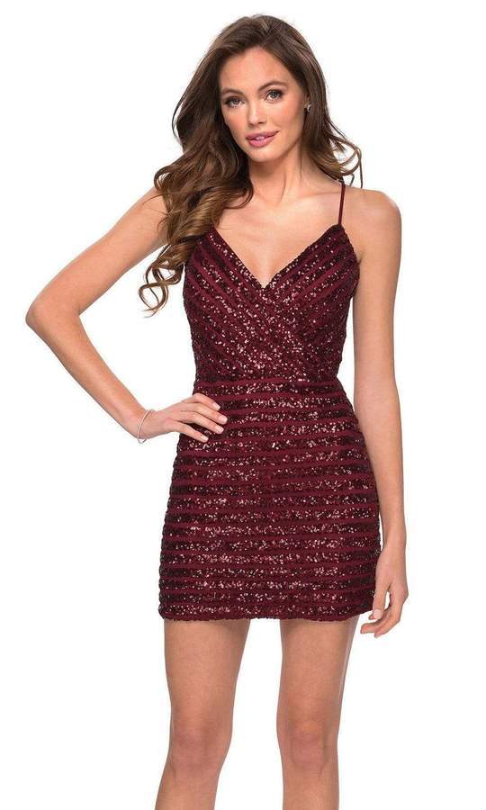 La Femme - Deep V-Neck Sequin Short Dress 29171SC - 2 pc Wine In Size 2 and 4 Available CCSALE