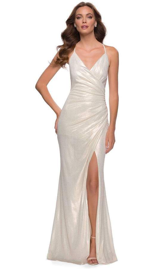 La Femme - Deep V-Neck Wrapped Bodice Sheath Dress 29707SC - 1 pc White/Gold In Size 4 Available CCSALE 4 / White/Gold