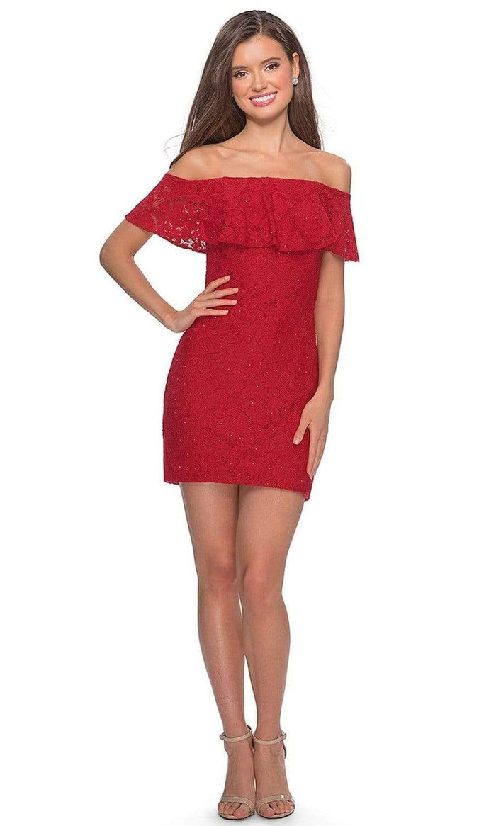 La Femme - Draped Lace Off Shoulder Short Dress 28147SC CCSALE 00 / Red