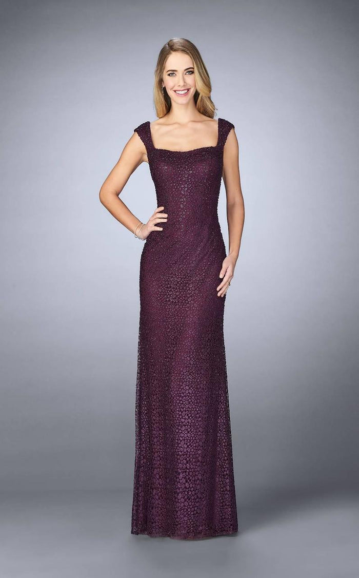 La Femme - Embellished Square Neck Column Dress 24891SC - 2 pcs Slate Blue in Size 2 and 6 and 1 pc Eggplant in Size 6 Available CCSALE 6 / Eggplant