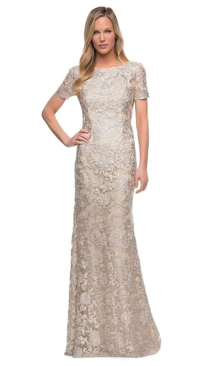 La Femme - Embroidered Short Sleeve Formal Dress 29161SC - 1 pc Champagne In Size 20 Available CCSALE 20 / Champagne
