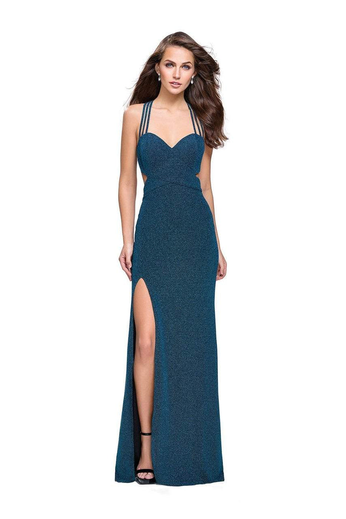 La Femme - Fitted Strappy Sweetheart Back Glitter Jersey Gown 25258 - 1 pc Silver In Size 4 Available CCSALE 00 / Teal