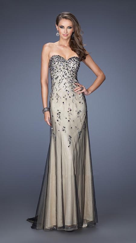 La Femme Gigi - 20080 Embellished Sweetheart Two-Toned Strapless Gown Special Occasion Dress 00 / Black/Nude