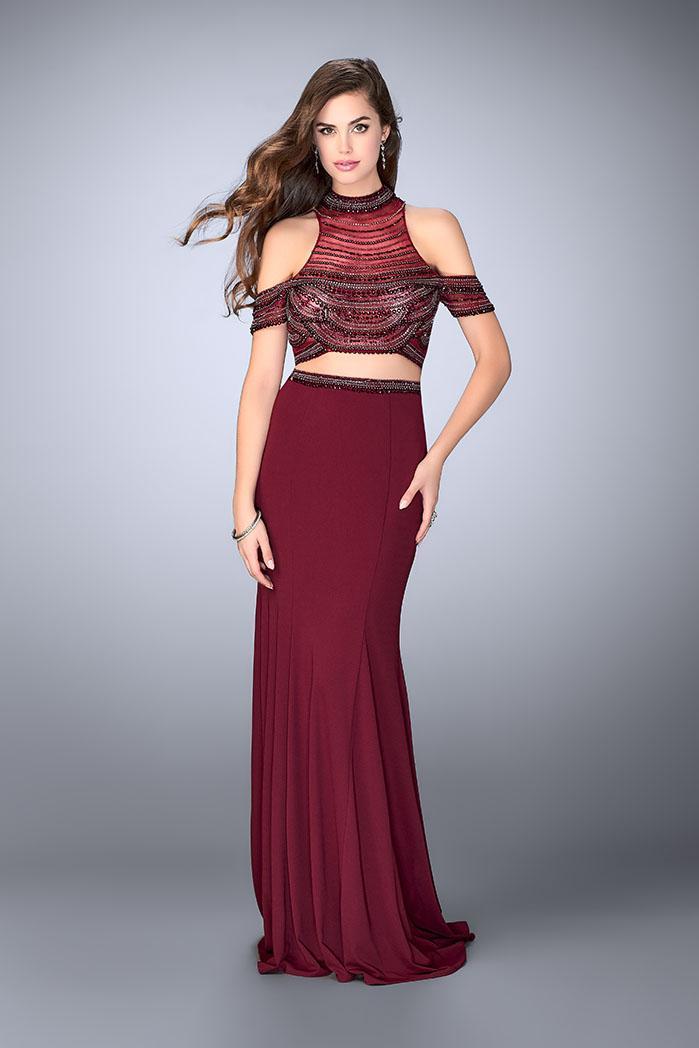 La Femme Gigi - 24053 Embellished Off-Shoulder Long Evening Gown Special Occasion Dress 00 / Burgundy