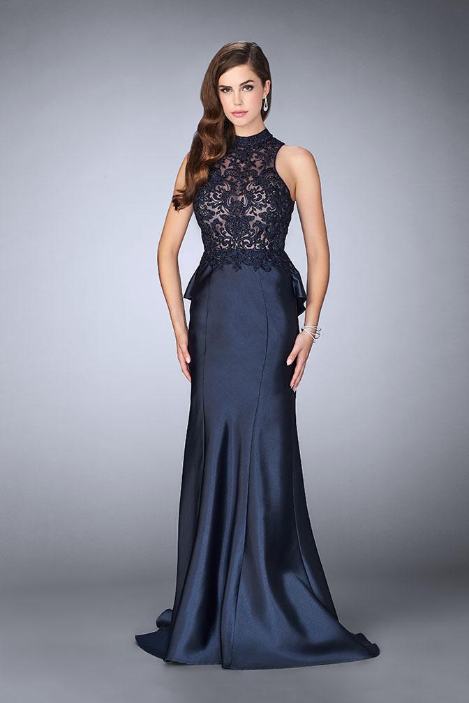 La Femme Gigi - 24651 Sheer Lace Halter Style Mikado Prom Dress Special Occasion Dress 00 / Navy