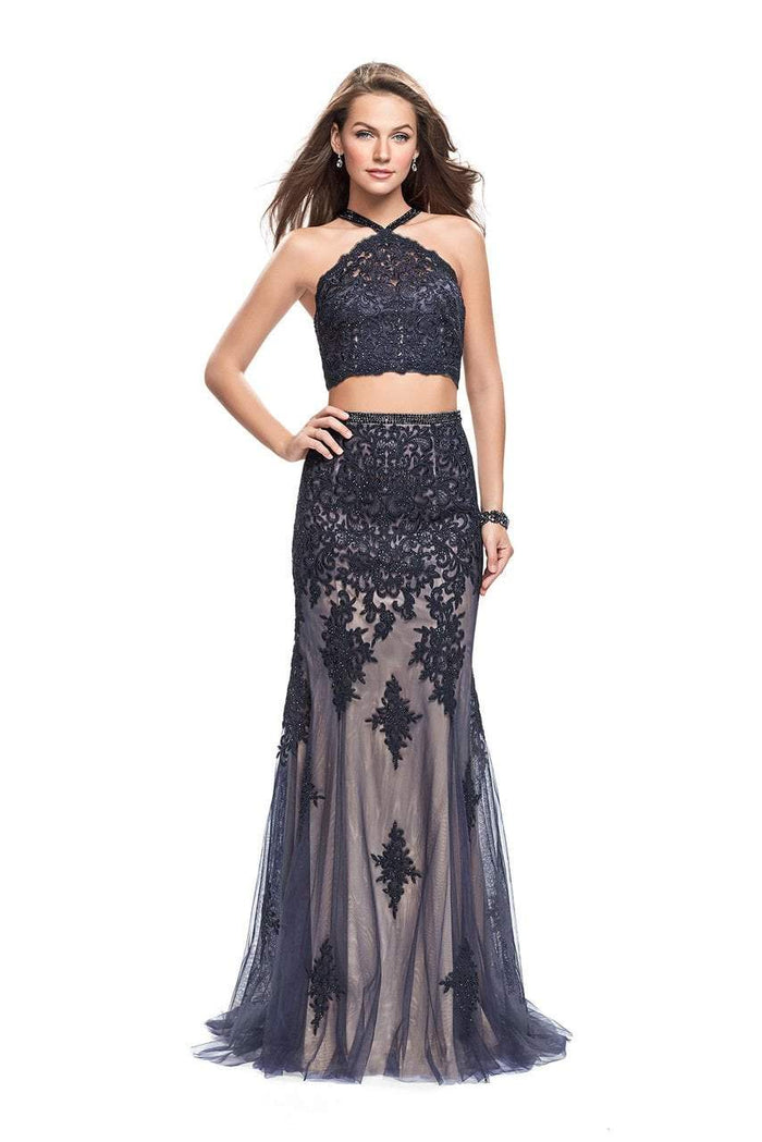 La Femme Gigi 26305 Two Piece Appliqued Tulle Overlay Sheath Gown - 1 pc Navy in size 4 Available CCSALE 4 / Navy