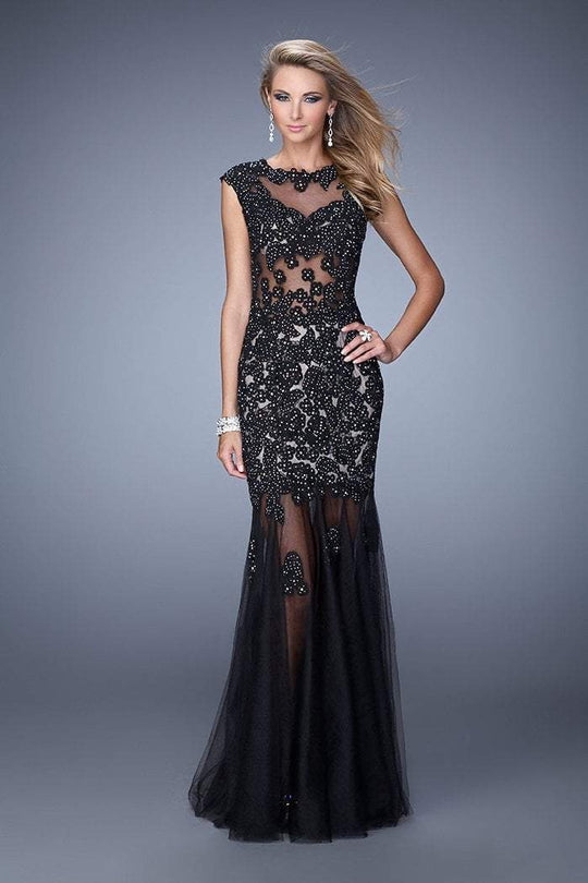 La Femme Gigi - Embellished Illusion Bateau Trumpet Dress 21318SC - 1 pc Black/Nude In Size 4 Available CCSALE 4 / Black/Nude