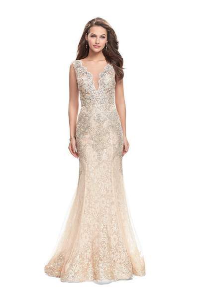 La Femme Gigi - Sleeveless Illusion Scalloped Lace Mermaid Gown 26125 - 1 pc Gold/Nude In Size 4 Available CCSALE 4 / Gold/Nude