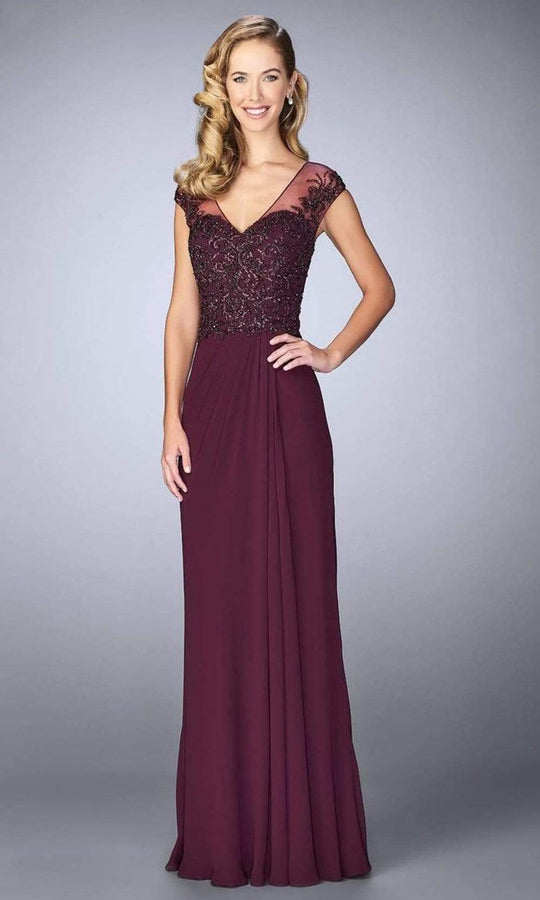 La Femme - Illusion V-Neck Beaded Bodice Sheath Dress 23316SC - 1 pc Eggplant In Size 14 Available CCSALE 14 / Eggplant