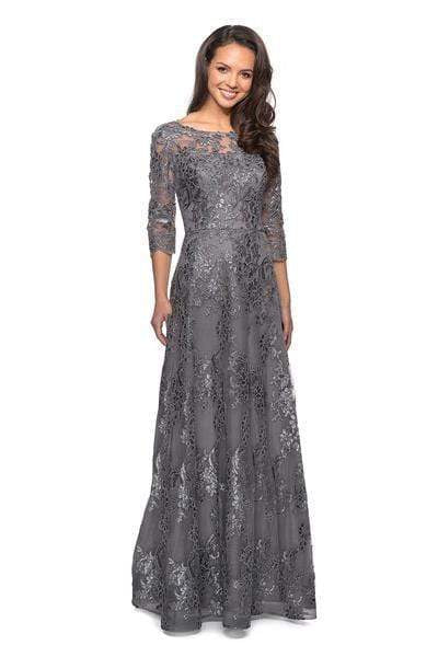 La Femme - Lace Bateau Quarter Length Sleeve A-line Gown 27885SC CCSALE 12 / Platinum
