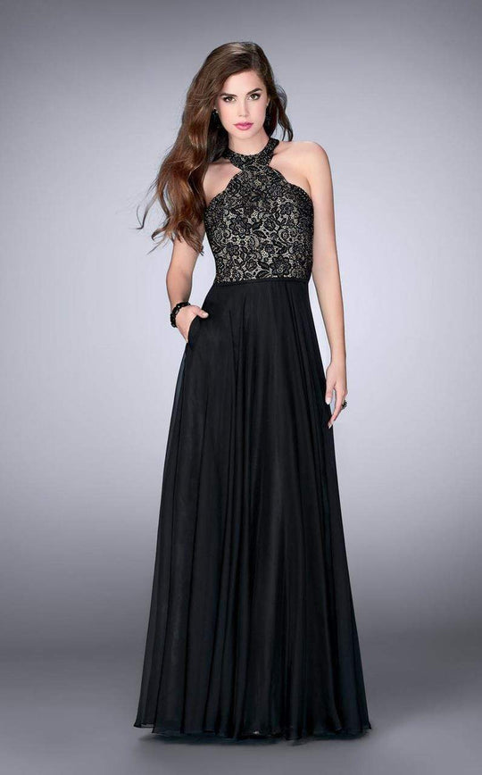 La Femme - Lace Detail Halter Top Chiffon Long Prom Dress 23975SC