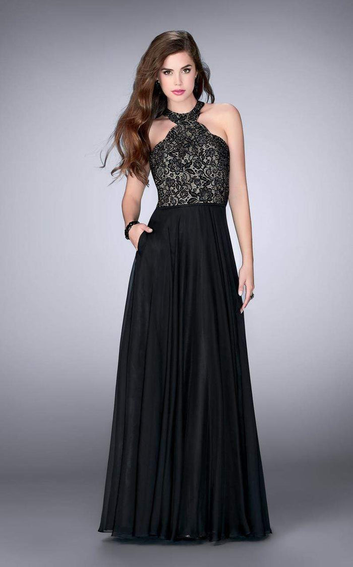 La Femme - Lace Detail Halter Top Chiffon Long Prom Dress 23975SC - 1 pc Black In Size 2 Available CCSALE 2 / Black