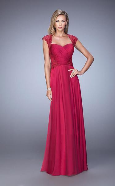 La Femme - Lace Ornate Ruched Gown 21661SC - 1 pc Cranberry In Size 20 Available CCSALE 20 / Cranberry
