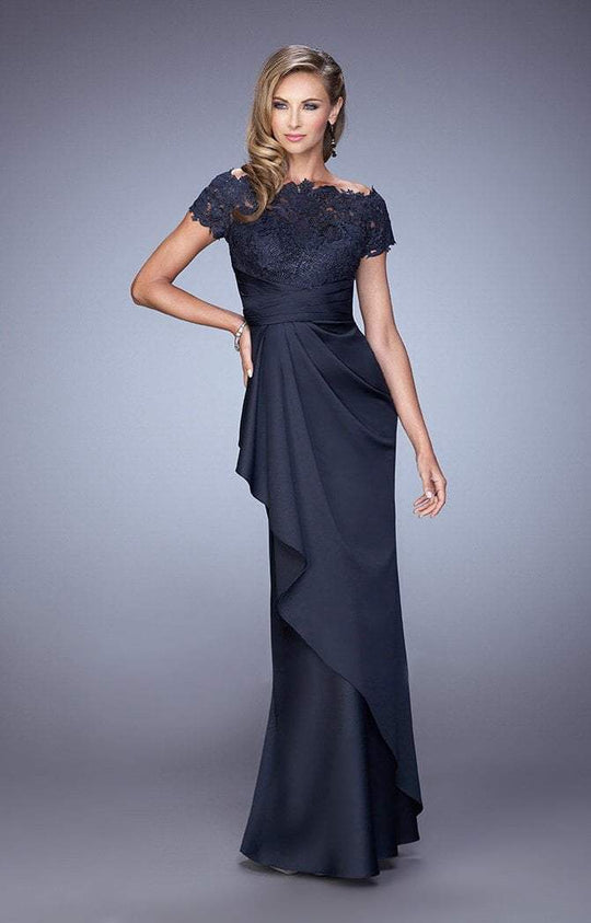 La Femme - Lace Ruched Ruffled Accented Evening Dress 21620SC - 2 Pcs. Silver In size 4 and 18 Available CCSALE 20 / Navy