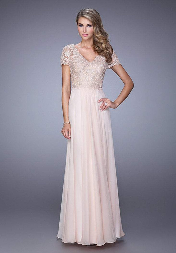 La Femme - Lace Short Sleeves Fitted Evening Dress 21632SC - 1 pc Light Apricot in Size 6 Available CCSALE 16 / Light Apricot