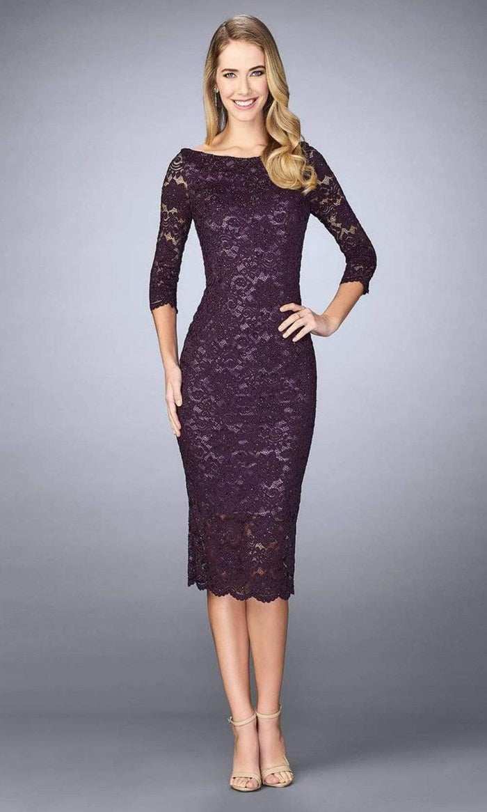 La Femme - Lace Tea Length Dress 24875SC - 1 pc Plum In Size 4 Available CCSALE 4 / Plum