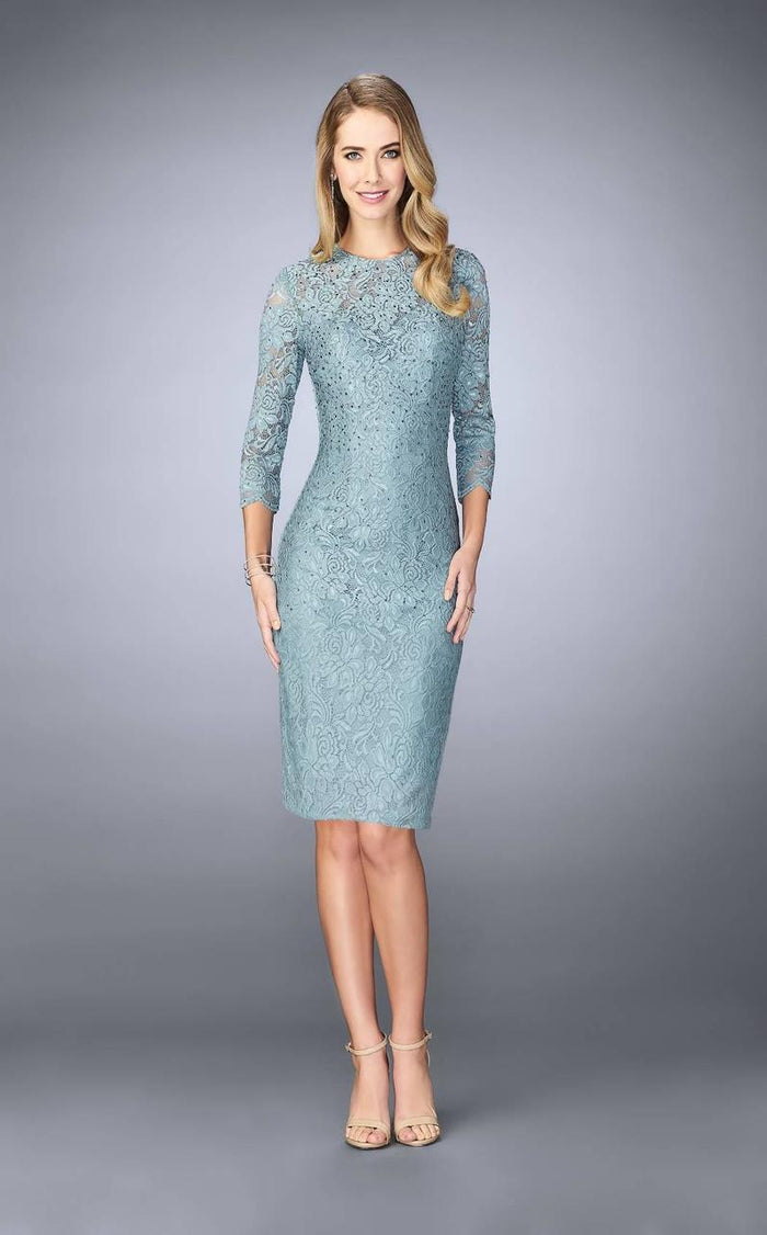 La Femme - Laced Jewel Neck Column Dress 23149SC - 1 pc Smoky Blue In Size 2 Available CCSALE 2 / Smoky Blue