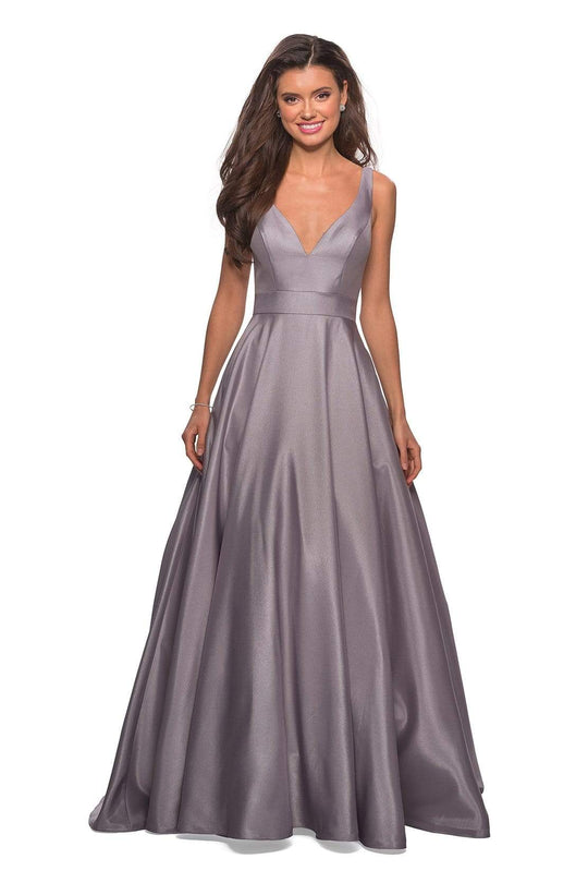 La Femme - Long Deep V-neck Mikado A-line Dress 27202SC - 1 pc Platinum In Size 4 Available CCSALE 4 / Platinum