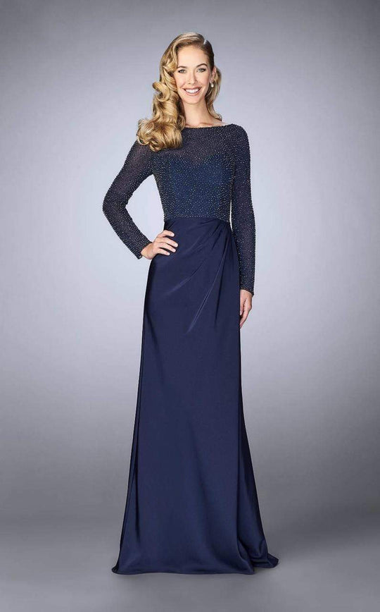 La Femme - Long Sleeve Beaded Bodice Draped Gown 24895SC