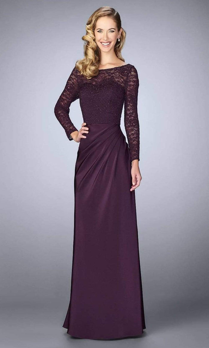La Femme - Long Sleeve Beaded Lace Sheath Dress 23435SC - 1 pc Plum In Size 4 Available CCSALE 4 / Plum