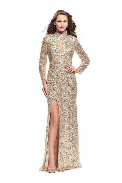 La Femme - Long Sleeve High Neck Sequined Evening Gown 26263 - 1 pc Gold In Size 4 Available CCSALE 4 / Gold