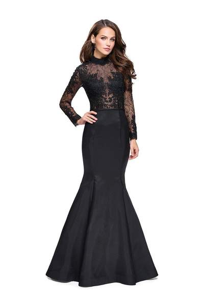 La Femme - Long Sleeve Lace And Mikado Evening Gown 25677 - 1 pc Black In Size 4 Available CCSALE 4 / Black