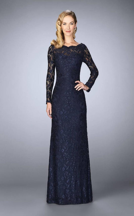 La Femme - Long-Sleeved Scalloped Lace Evening Gown 24869