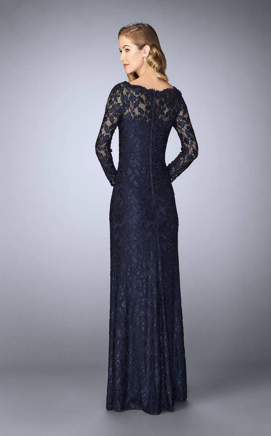 La Femme - Long-Sleeved Scalloped Lace Evening Gown 24869