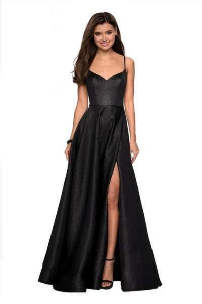 La Femme - Metallic A-Line High Slit Gown 27619 - 1 pc Black In Size 12 Available CCSALE 12 / Black