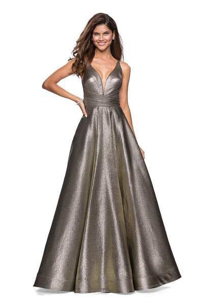 La Femme - Metallic Deep V-neck Pleated Ballgown 27532 - 1 pc Gold/Black In Size 4 Available CCSALE 4 / Gold/Black