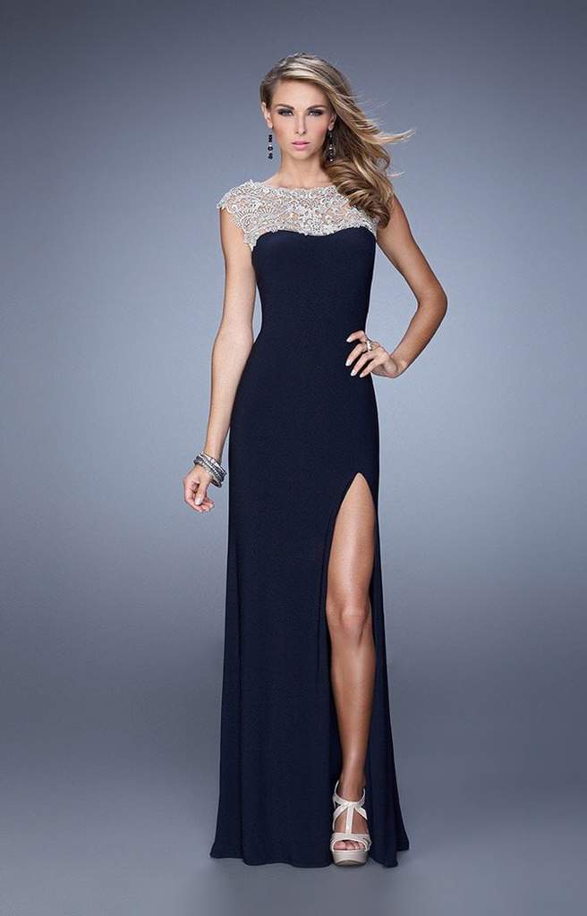 La Femme - Metallic Embroidered Sheath Gown with Slit 21467 - 1 pc Navy In Size 8 Available CCSALE 8 / Navy