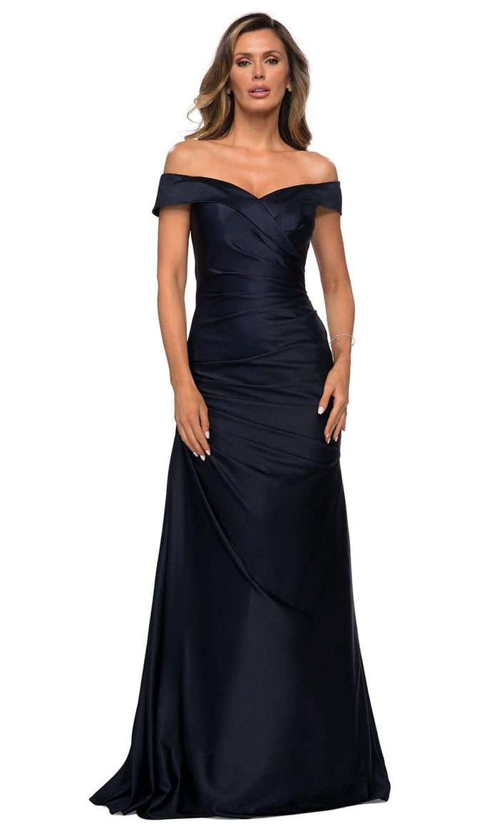La Femme - Off Shoulder Draped Satin Gown 28103SC - 1 pc Navy In Size 10 Available CCSALE 10 / Navy