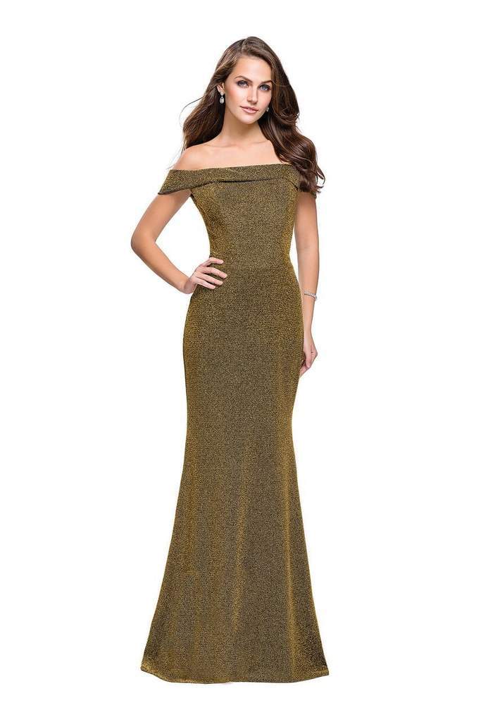 La Femme Off Shoulder Folded Sparkle Jersey Gown 25444 CCSALE 14 / Gold