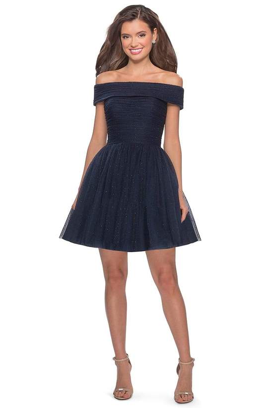 La Femme - Off Shoulder Pleated A-Line Dress 28234SC - 1 pc Navy In Size 8 Available CCSALE 8 / Navy