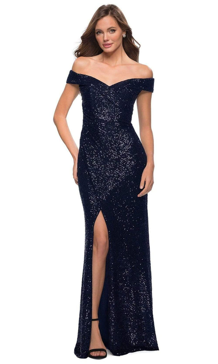 La Femme - Off Shoulder Sequined High Slit Dress 29831SC - 1 pc Rose Gold In Size 6 Available CCSALE 6 / Navy