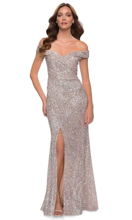 La Femme - Off Shoulder Sequined High Slit Dress 29831SC
