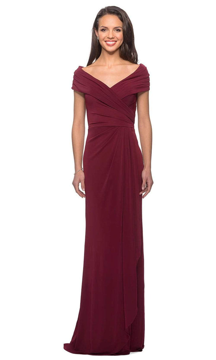 La Femme - Off Shoulder Wrap Bodice Long Sheath Jersey Dress 26519SC CCSALE 10 / Wine