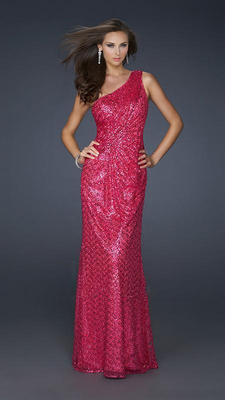 La Femme One Shoulder All Over Sequin Sheath Evening Gown 17018 CCSALE 6 / Hot Pink