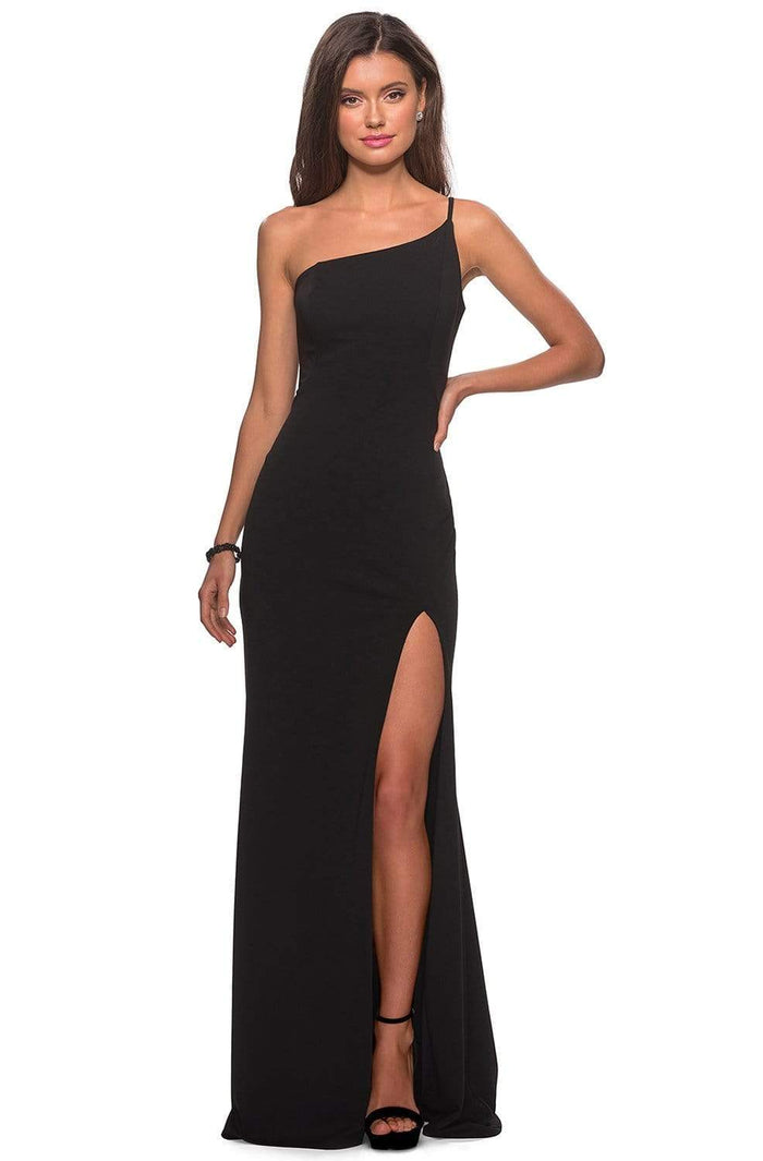 La Femme - One Shoulder High Slit Sheath Dress 28176SC CCSALE 8 / Black