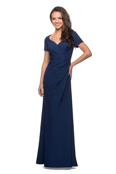 La Femme - Pleat-Ornate Short Sleeve A-Line Dress 27855SC - 1 pc Navy In Size 14 Available CCSALE 14 / Navy