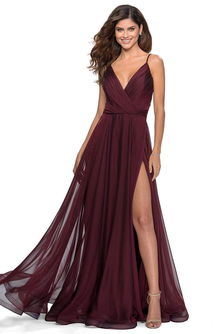 La Femme - Pleated Ornate Chiffon High Slit Dress 28611SC - 2 pcc Garnet In Sizes 8 and 12 Available CCSALE 8 / Garnet