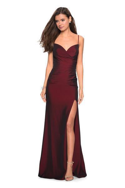 La Femme - Pleated Surplice Bodice High Slit Gown 27626 - 1 pc Burgundy In Size 6 Available CCSALE 6 / Burgundy