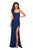 La Femme - Plunging Back Ruched High Slit Gown 27660SC - 1 pc Violet in Size 2, 1 pc Burgundy in Size 8 and 1 pc Navy in Size 10 Available CCSALE 10 / Navy