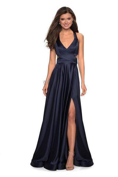 La Femme - Plunging Halter V-neck Satin A-line Evening Gown 27487 - 1 pc Navy In Size 4 Available CCSALE 4 / Navy