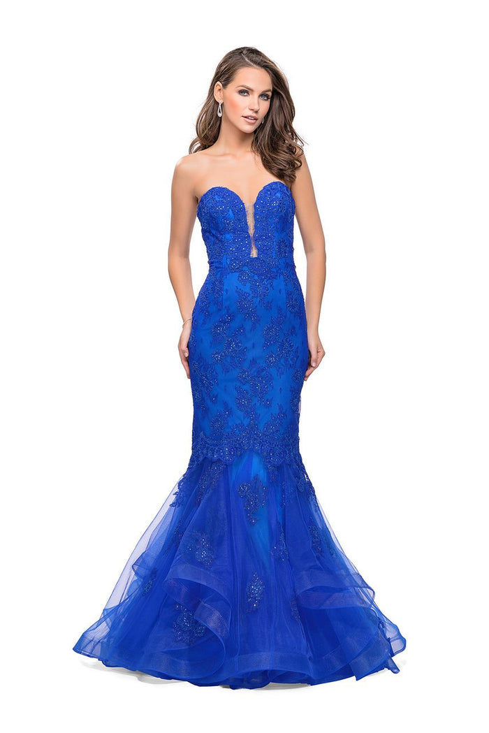 La Femme Plunging Sweetheart Beaded Lace Gown 26219 CCSALE 6 / Electric Blue